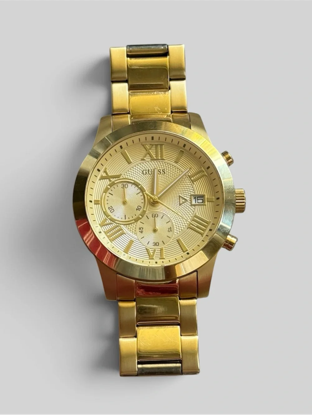 GUESS Mens Gold Chronograph Watch U0668G4 Atlas Textured Roman Numeral 17.5cm